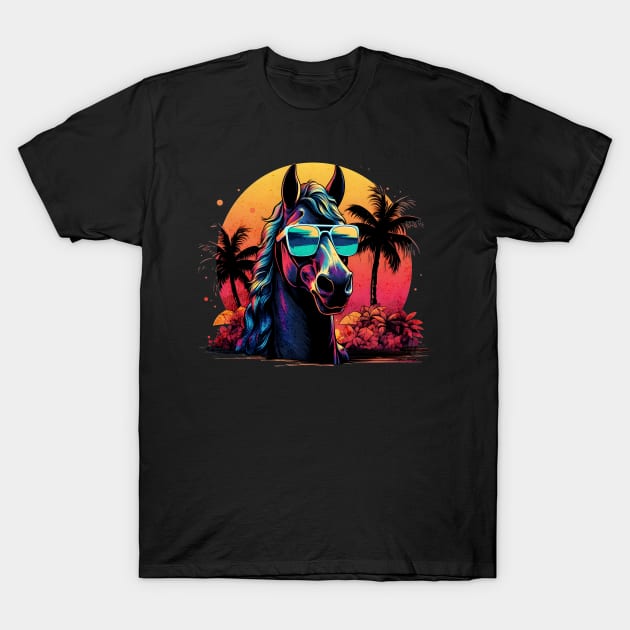 Retro Wave Thoroughbred Horse Sunglas T-Shirt by Miami Neon Designs